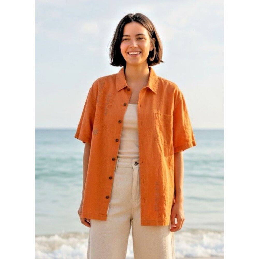 Life is Good womens NEW! embroidered button collared summer linen cotton shirt M